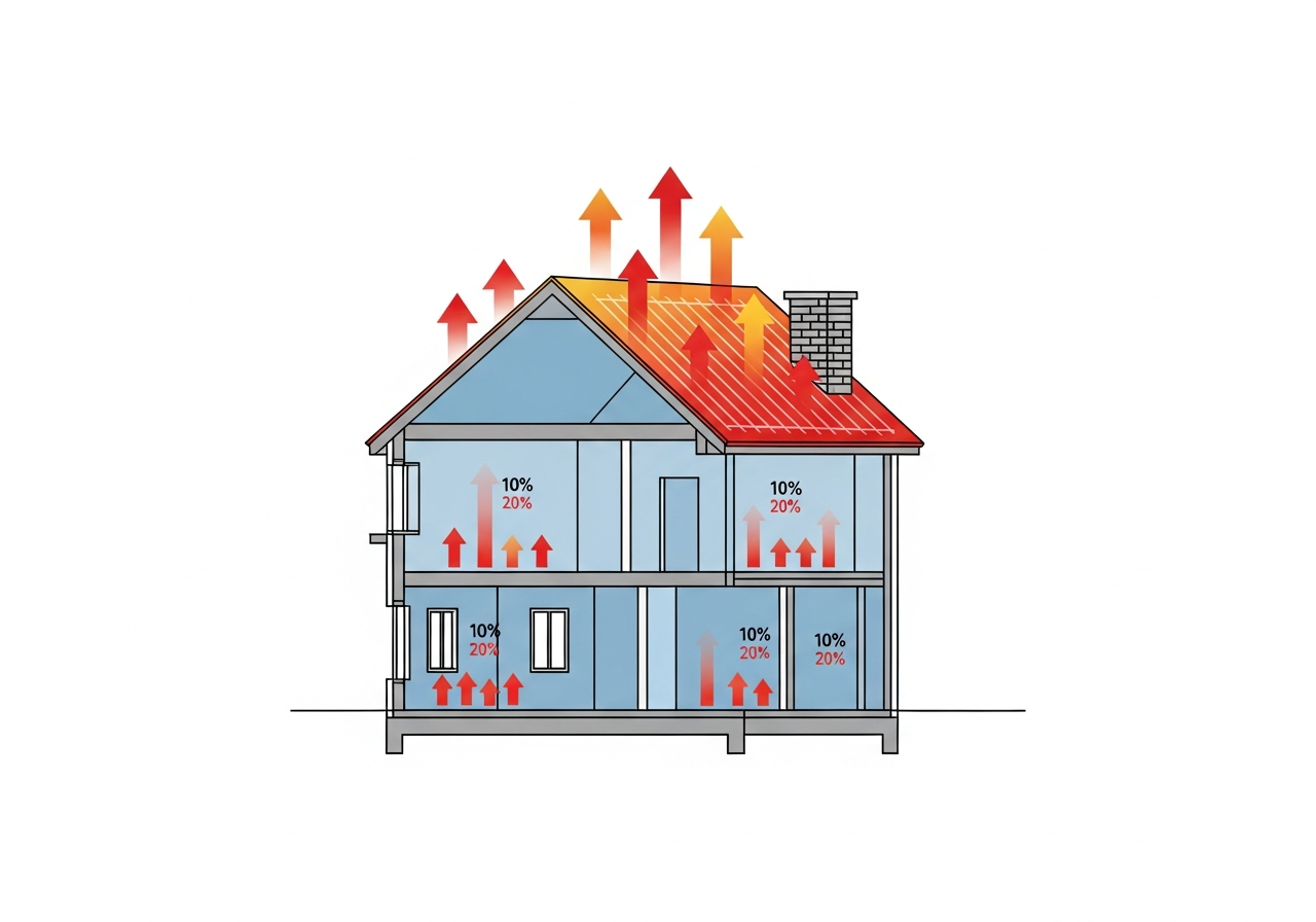 Diagram showing 25% of home heat escaping through an uninsulated roof