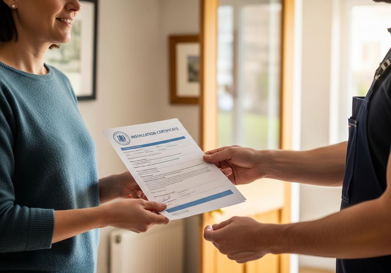 Homeowner receiving installation certificate and 25-year guarantee documentation