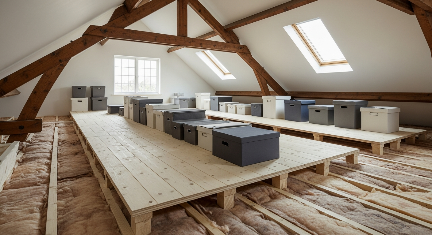 Raised loft boarding installed above insulation for safe storage access