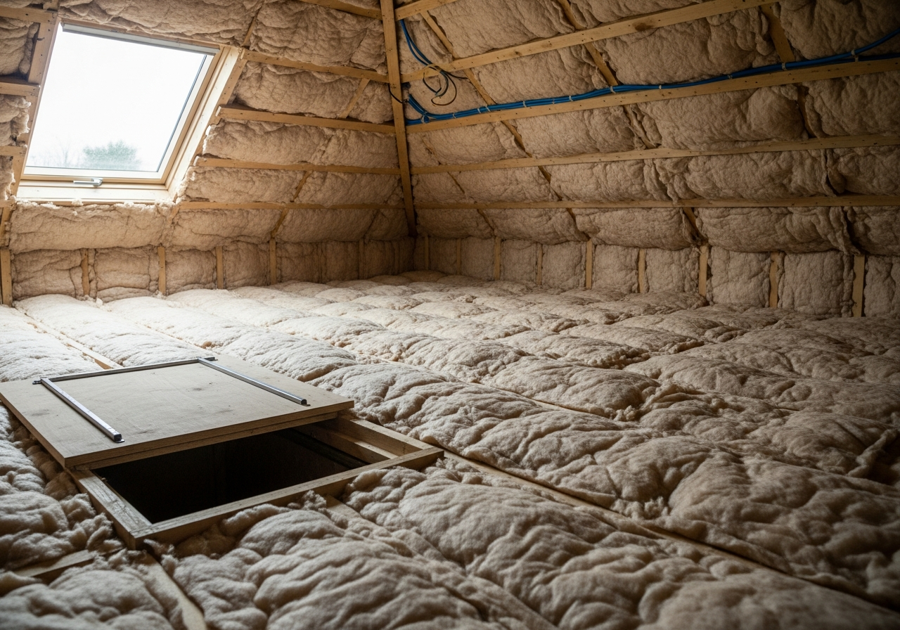 Completed blown-in cellulose loft insulation result in a Greater Manchester home
