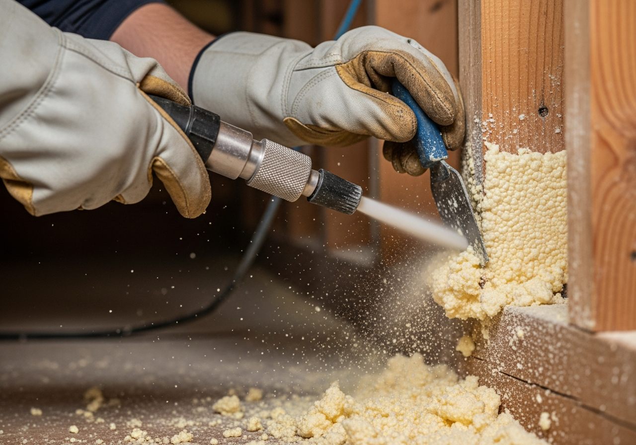 Professional dry ice blasting for foam removal process step — Eco Loft Insulation Contractors