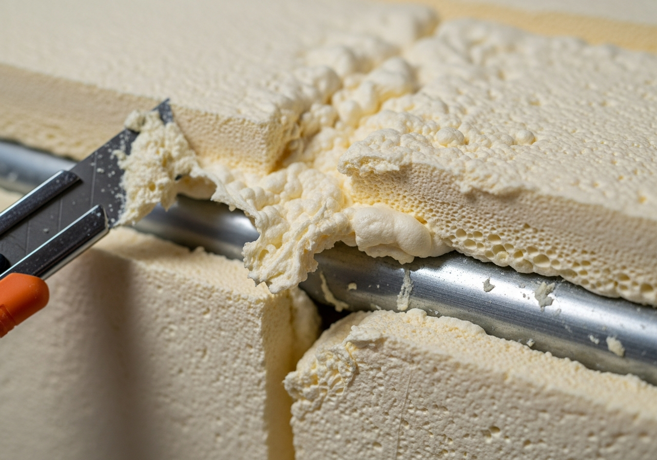 Close-up detail of manual spray foam scraping and cleaning installation