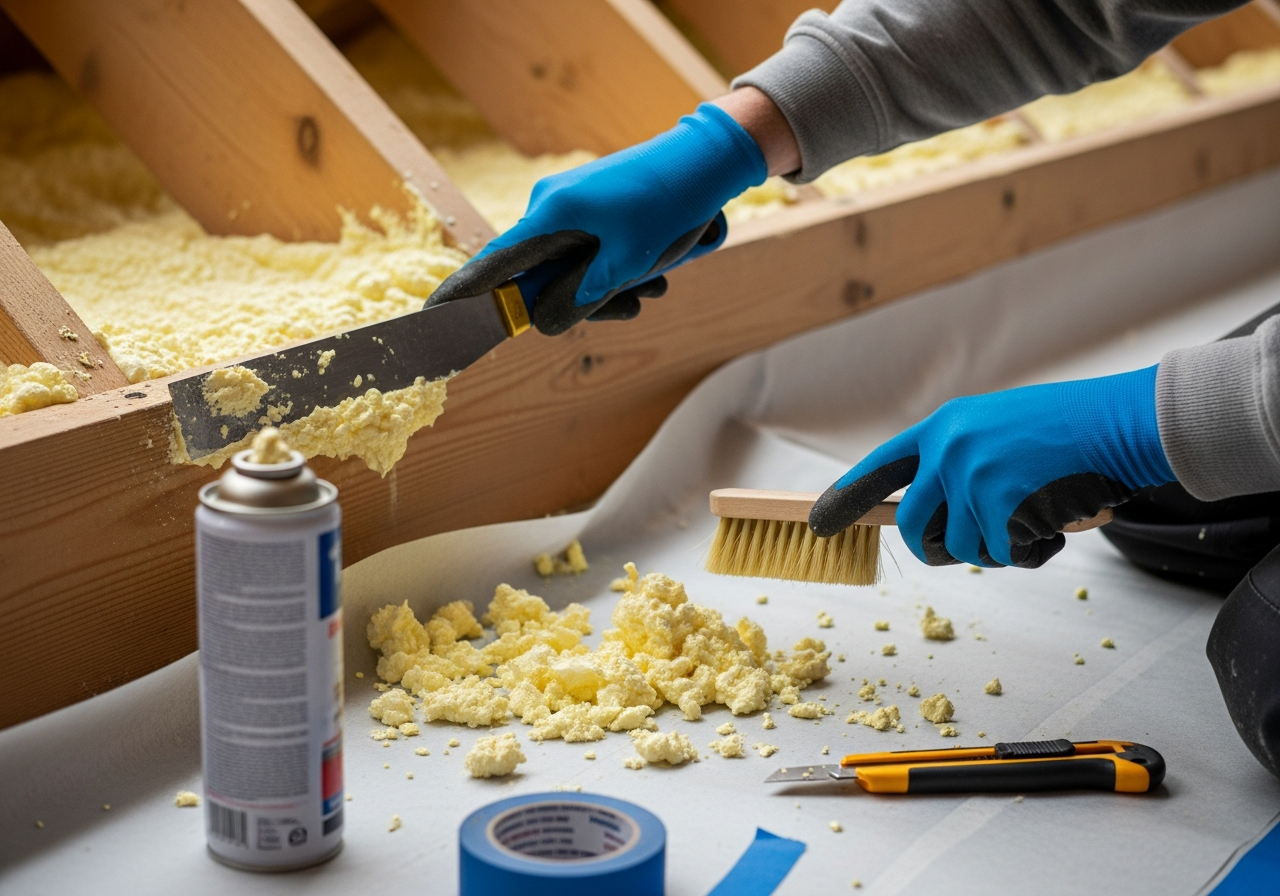 Professional manual spray foam scraping and cleaning process step — Eco Loft Insulation Contractors