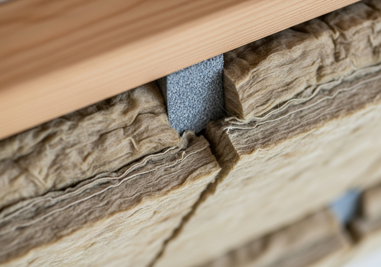 Close-up detail of mineral wool loft insulation installation