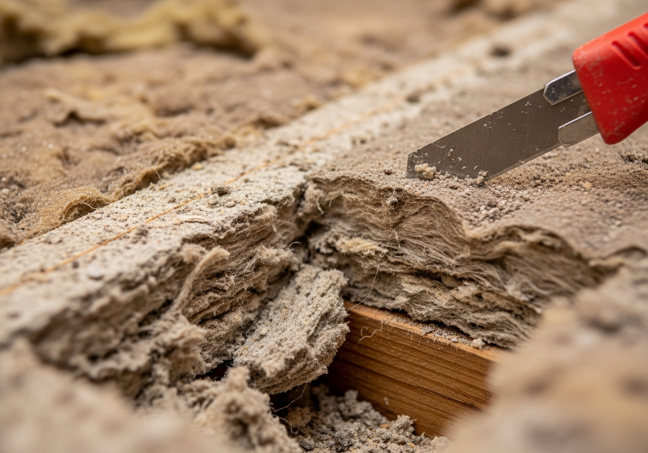 Close-up detail of old loft insulation removal and disposal