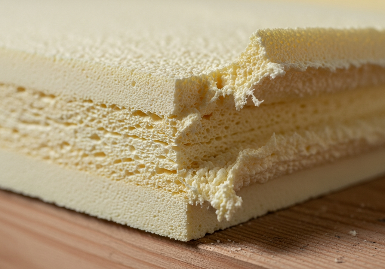 Close-up detail of open cell spray foam removal installation