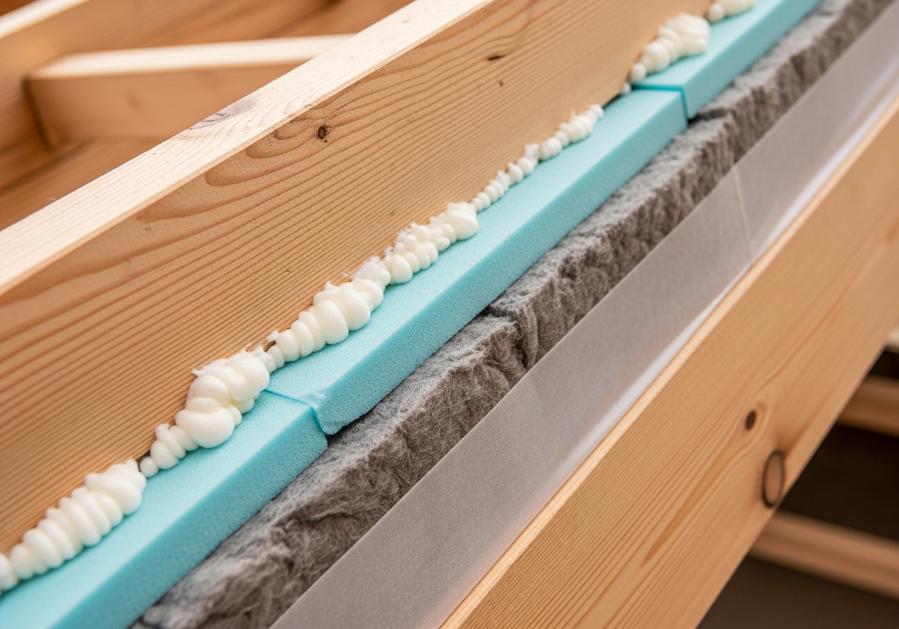 Close-up detail of rafter insulation between and under installation