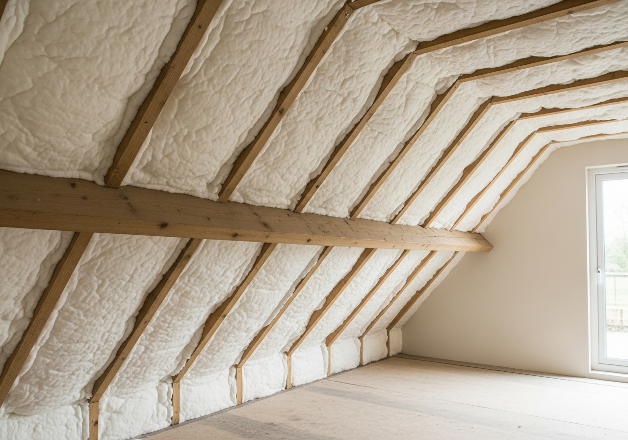 Completed rafter insulation between and under result in a Greater Manchester home