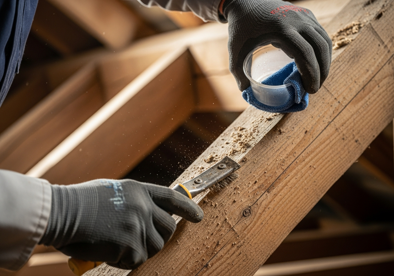 Professional timber rafter cleaning and residue removal process step — Eco Loft Insulation Contractors